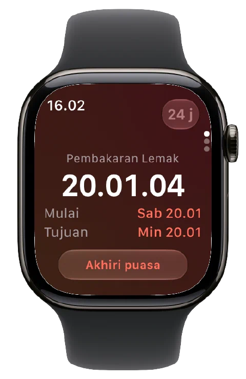 Fasty di Apple Watch dengan timer aktif, waktu mulai dan target, serta tombol akhiri puasa.