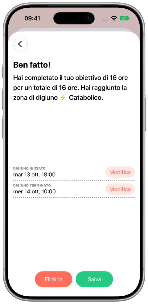 Un digiuno registrato con orari di inizio e fine modificabili e un pulsante per salvare.