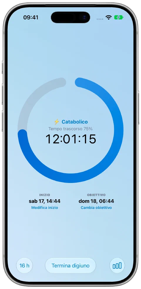 Il timer attivo di Fasty con il tema predefinito Ocean, un anello di avanzamento blu e lo sfondo.