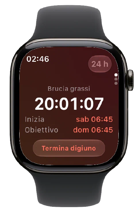 Fasty su Apple Watch con timer attivo, orari di inizio e obiettivo e pulsante per terminare il digiuno.