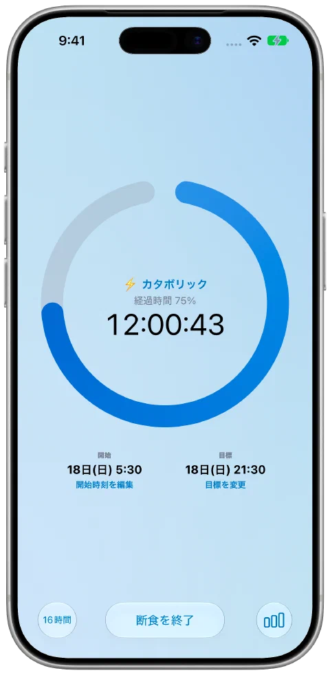 青い進捗リングと背景のプリセットテーマOceanを使った、Fastyの進行中のタイマー。