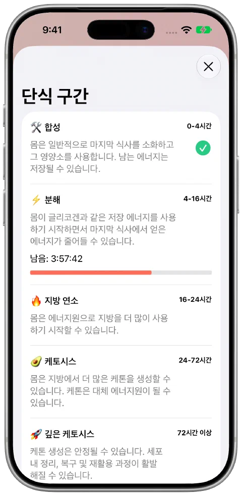 설명과 현재 구간의 진행률을 보여 주는 Fasty 단식 구간 화면.