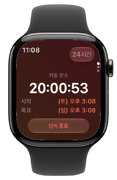 Apple Watch의 Fasty. 타이머, 시작·목표 시간과 단식 종료 버튼을 표시해요.