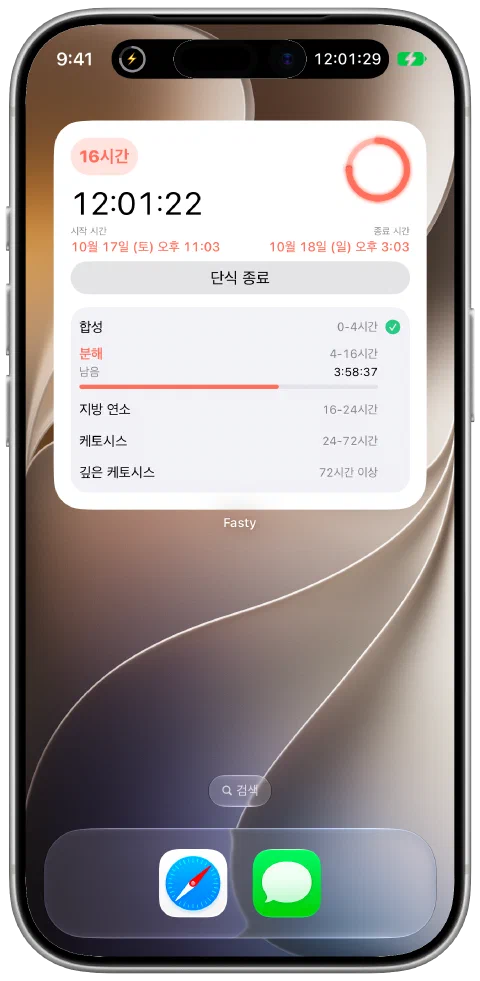iPhone 홈 화면의 Fasty 대형 위젯. 진행 중인 타이머와 단식 구간을 표시해요.