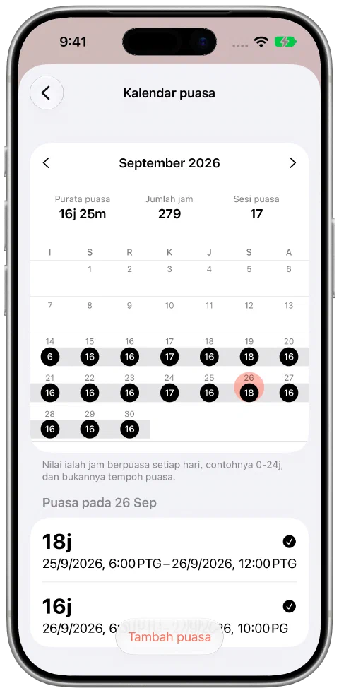 Kalendar September Fasty yang berisi, dengan hari dipilih dan catatan puasa 18 jam.