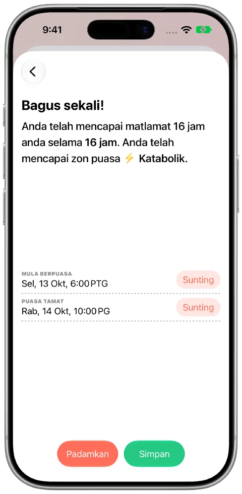 Catatan puasa dengan masa mula dan tamat yang boleh disunting serta butang Simpan.