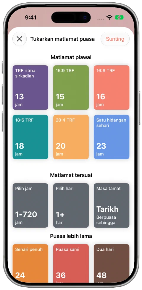 Pemilih matlamat Fasty dengan tempoh standard, jam dan hari tersuai serta pilihan masa tamat.