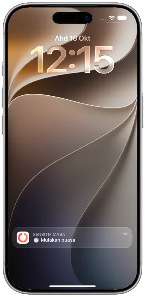 Pemberitahuan Fasty yang benar-benar diterima pada Skrin Kunci iPhone untuk mula berpuasa.