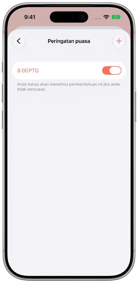 Tetapan peringatan puasa Fasty dengan peringatan harian 20:00 diaktifkan dan penjelasan bahawa ia hanya memberitahu ketika tidak berpuasa.