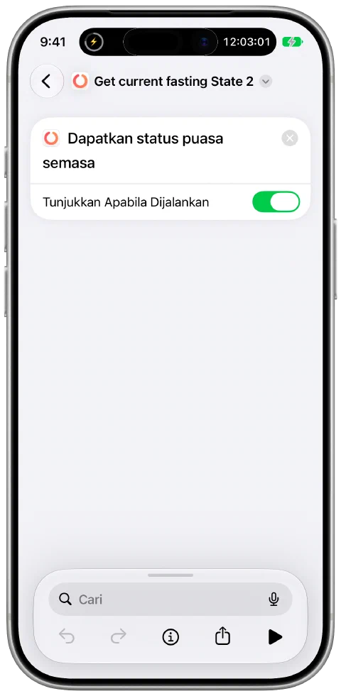 Pintasan dalam app Pintasan Apple menggunakan tindakan Fasty “Dapatkan status puasa semasa”.