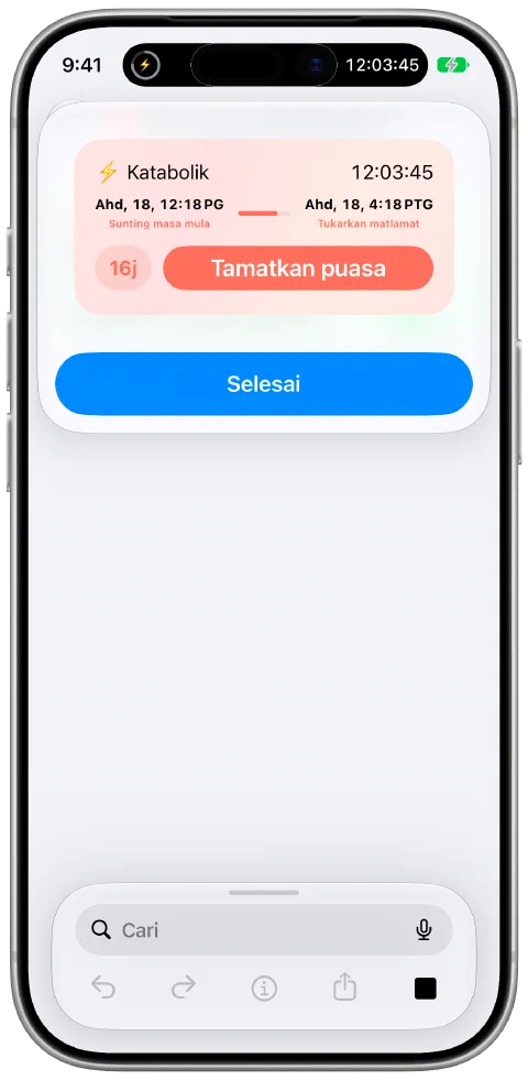 Petikan hasil status semasa Fasty yang sebenar di atas penyunting Pintasan, dengan kemajuan dan kawalan puasa.