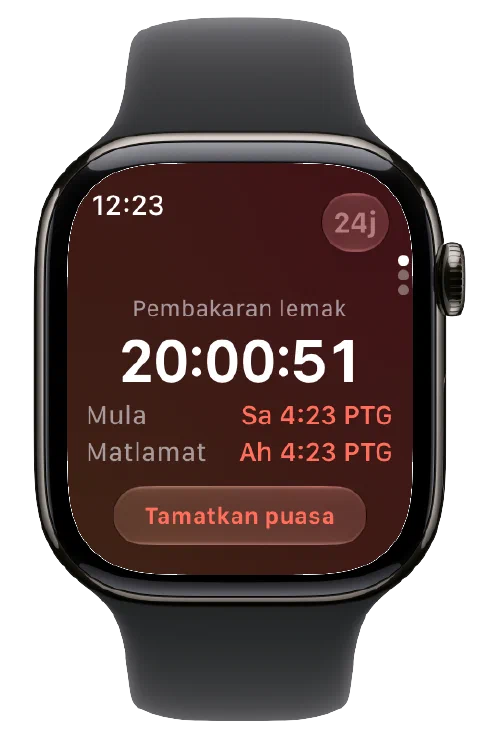 Fasty pada Apple Watch dengan pemasa aktif, masa mula dan matlamat serta butang tamat puasa.