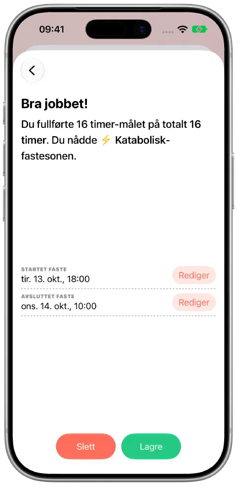 En registrert faste med redigerbar start- og sluttid og en lagringsknapp.