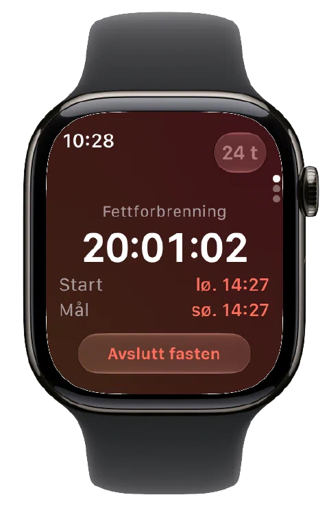 Fasty på Apple Watch med aktiv tidtaker, start- og måltidspunkt og en knapp for å avslutte fasten.