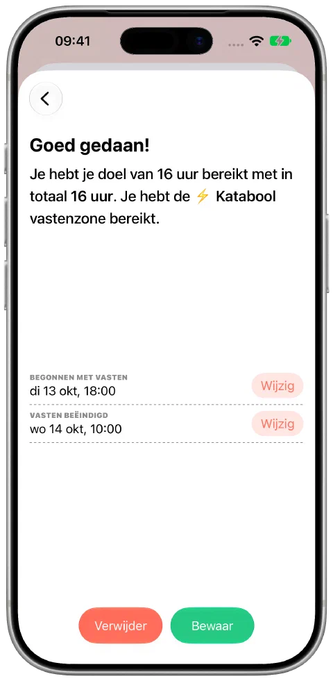 Een opgeslagen vastenperiode met aanpasbare begin- en eindtijden en een bewaarknop.
