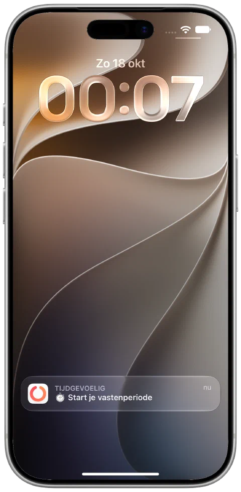 Een daadwerkelijk ontvangen Fasty-melding op het toegangsscherm van de iPhone die je herinnert om te beginnen met vasten.
