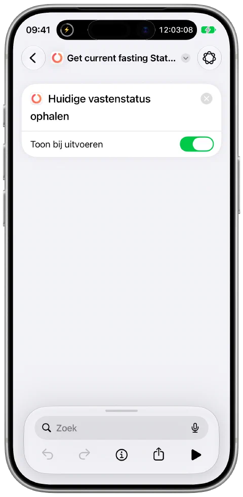 Een opdracht in de Opdrachten-app van Apple met de Fasty-actie om de huidige vastenstatus op te halen.