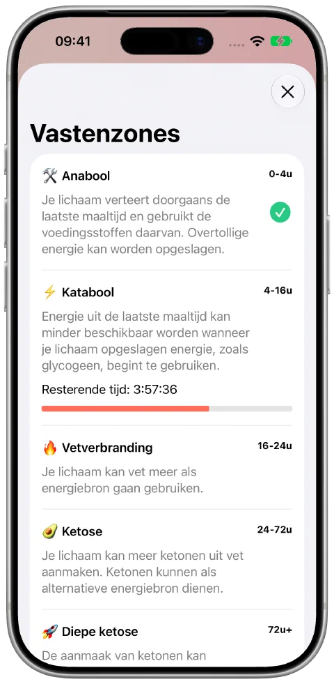 Het scherm Vastenzones van Fasty met uitleg en voortgang binnen de huidige zone.