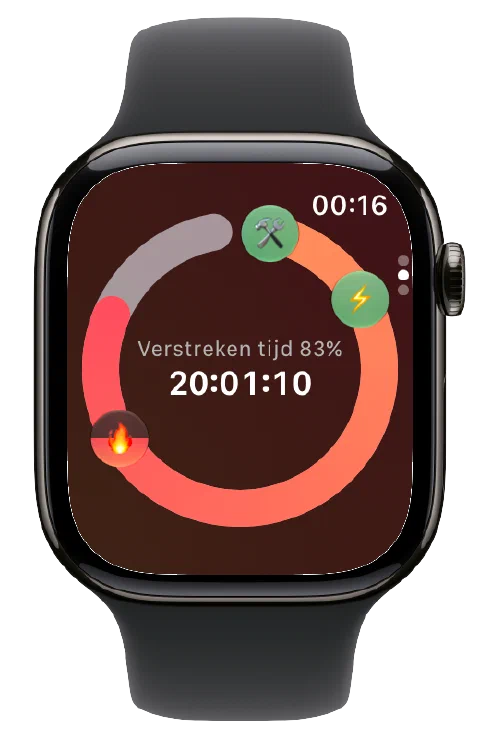 De geschatte vastenzone-iconen en actieve timer van Fasty op Apple Watch.