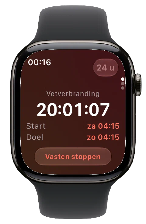 Fasty op Apple Watch met actieve timer, begin- en doeltijd en een knop om het vasten te beëindigen.