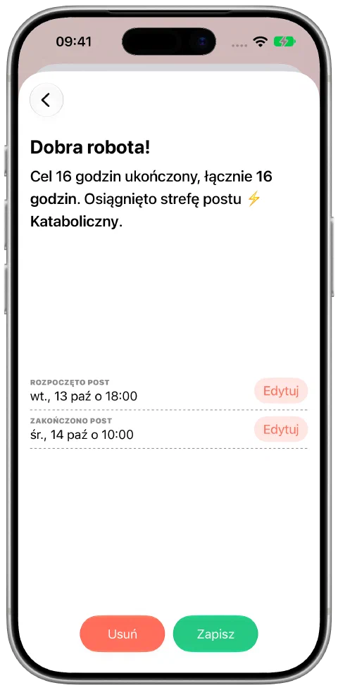 Zapisany post z edytowalnymi godzinami rozpoczęcia i zakończenia oraz przyciskiem zapisu.