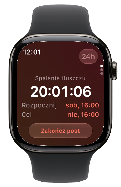 Fasty na Apple Watch z aktywnym licznikiem, godziną rozpoczęcia i godziną celu oraz przyciskiem zakończenia postu.