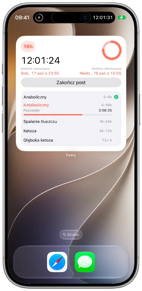 Duży widżet Fasty na ekranie początkowym iPhone’a z aktywnym licznikiem i strefami postu.