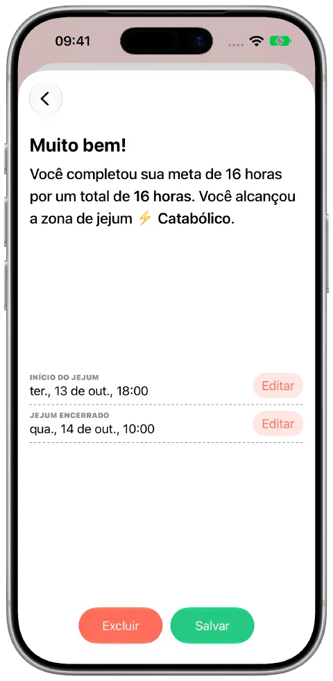 Um jejum registrado com horários de início e término editáveis e um botão para salvar.