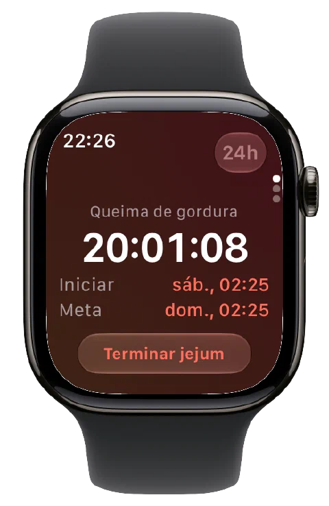 Fasty no Apple Watch com timer ativo, horários de início e meta e botão para encerrar o jejum.