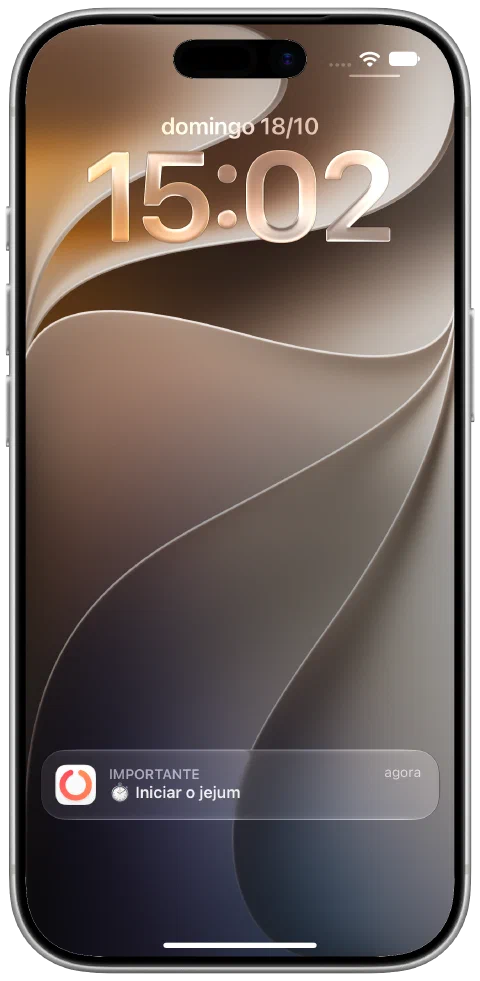 Uma notificação real do Fasty recebida no ecrã bloqueado do iPhone para lembrar o início do jejum.