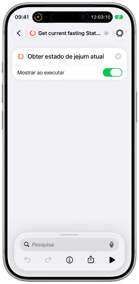 Um atalho na app Atalhos da Apple com a ação do Fasty para obter o estado atual do jejum.