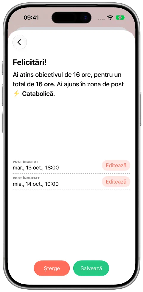 Un post înregistrat, cu ore de început și sfârșit editabile și un buton de salvare.