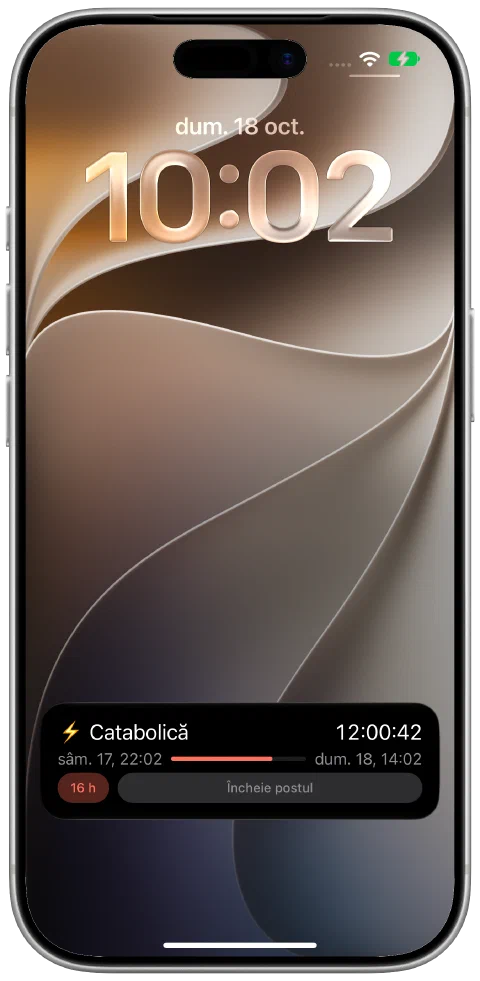 O activitate în timp real Fasty pe ecranul de blocare al iPhone-ului, cu cronometrul activ, progresul și comanda de încheiere a postului.