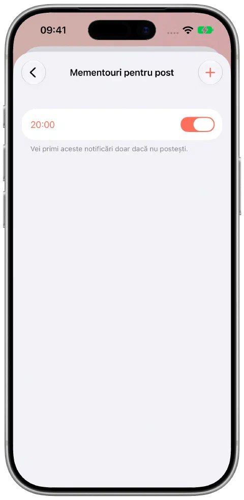 Configurările mementourilor de post din Fasty, cu un memento zilnic activ la 20:00 și explicația că notifică doar când nu postești.
