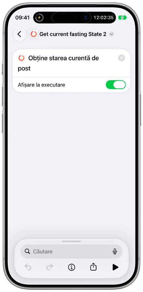 O scurtătură în aplicația Scurtături de la Apple, care folosește acțiunea Fasty pentru starea actuală a postului.