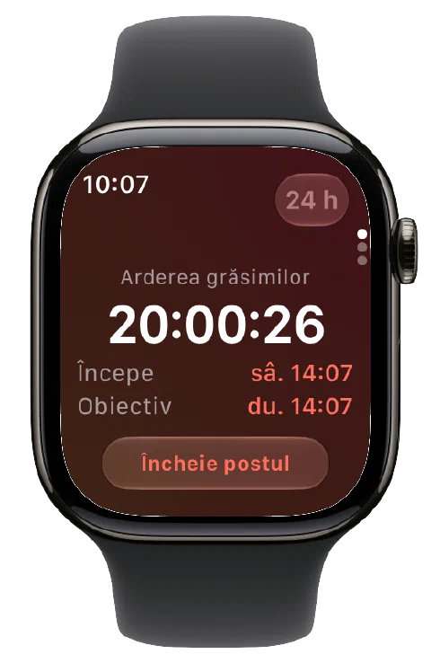 Fasty pe Apple Watch, cu cronometrul activ, orele de început și ale obiectivului și un buton de încheiere a postului.