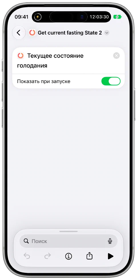 Команда в приложении Apple «Команды» с действием Fasty «Текущее состояние голодания».