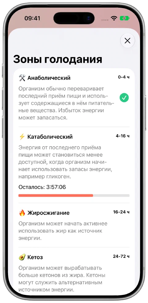 Экран зон голодания Fasty с описаниями и прогрессом в текущей зоне.