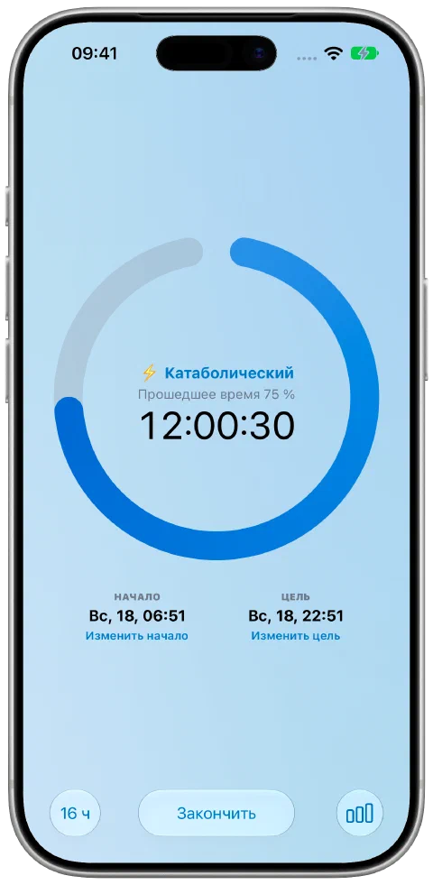 Активный таймер Fasty в готовой теме Ocean с синим кольцом прогресса и фоном.