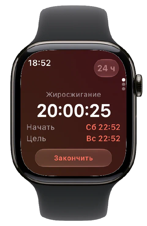 Fasty на Apple Watch с таймером, временем начала и цели и кнопкой завершения голодания.