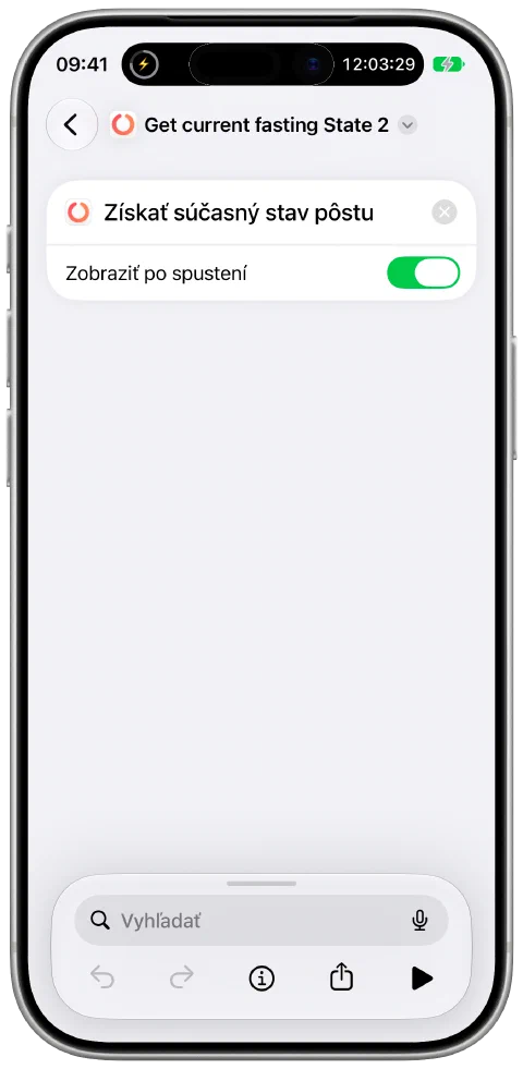 Skratka v apke Skratky od Apple, ktorá používa akciu Fasty na získanie aktuálneho stavu pôstu.