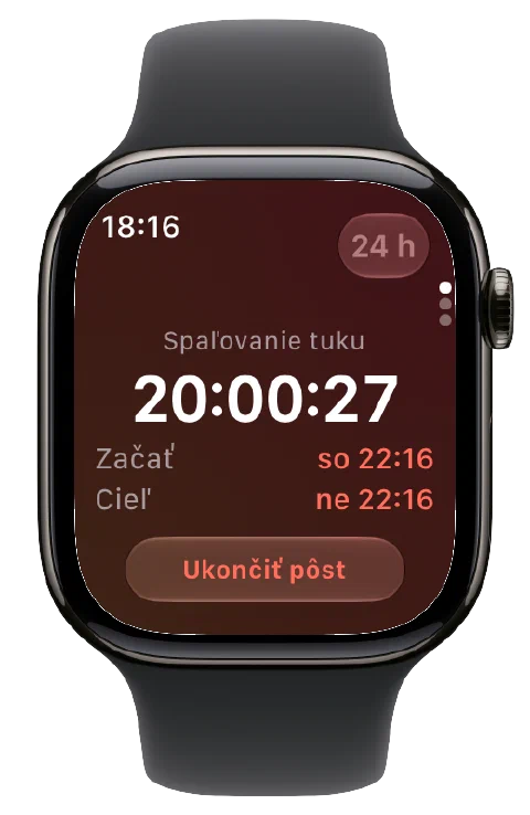 Fasty na Apple Watch s aktívnym časovačom, časom začiatku a cieľa a tlačidlom na ukončenie pôstu.