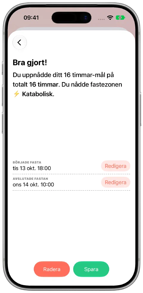 En registrerad fasta med redigerbara start- och sluttider och en knapp för att spara.