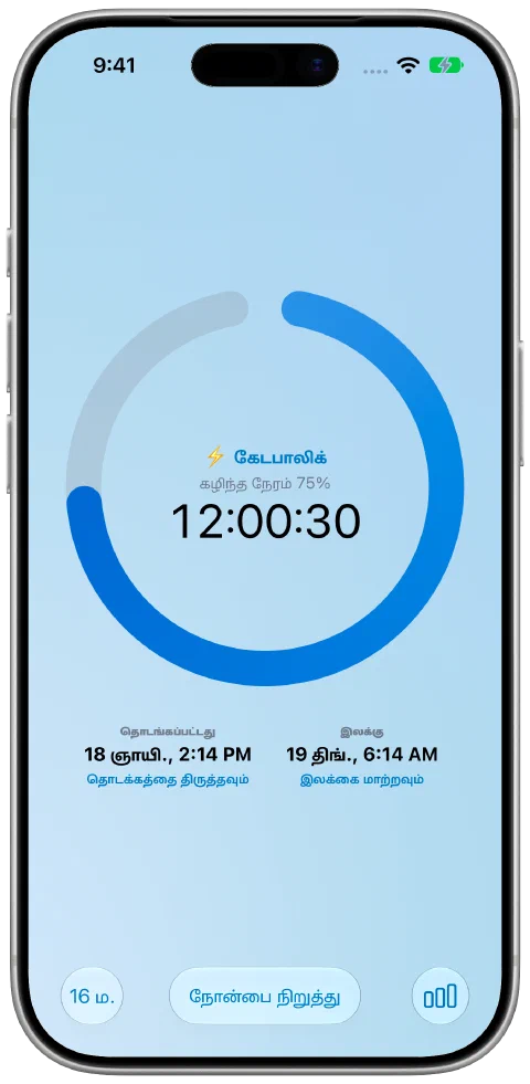 நீல முன்னேற்ற வளையம், பின்னணியுடன் தயாரான Ocean தீமில் Fasty-யின் இயங்கும் டைமர்.