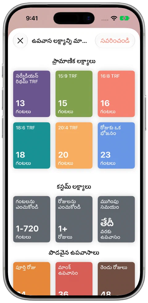సాధారణ వ్యవధులు, సొంత గంటలు, రోజులు, ముగింపు సమయంతో Fasty లక్ష్య ఎంపిక తెర.