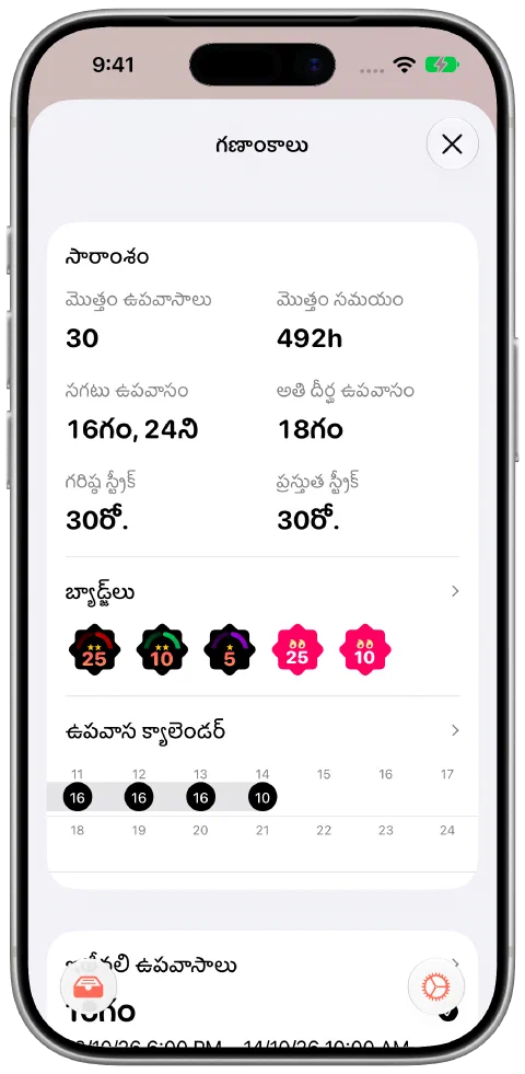 Fasty గణాంకాల సారాంశం, మొత్తం సమయం, ఉపవాసాల సంఖ్య, ప్రస్తుత, పొడవైన వరుస రికార్డులు, సాధించిన బ్యాడ్జ్లతో.