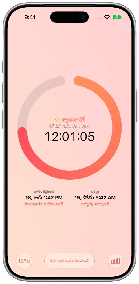 గడిచిన సమయం, లక్ష్య పురోగతి, ప్రారంభ సమయం, లక్ష్య నియంత్రణలతో Fastyలో నడుస్తున్న ఉపవాస టైమర్.