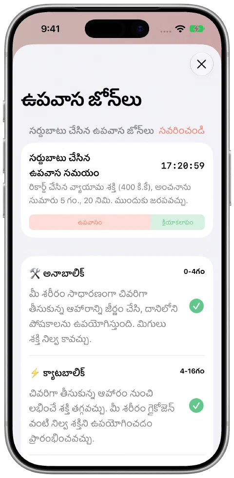 Fasty సవరించిన సమయపు ప్యానెల్, ఉపవాసం, వ్యాయామం వాటాలు పక్కపక్కన, ప్రస్తుత జోన్ పురోగతితో.