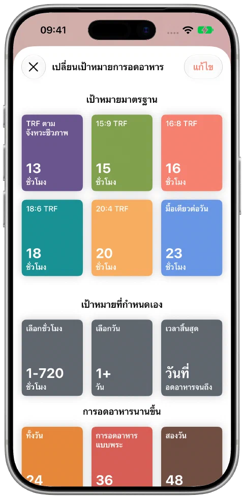 ตัวเลือกเป้าหมาย Fasty พร้อมระยะเวลามาตรฐาน ชั่วโมงและวันที่กำหนดเอง และตัวเลือกเวลาสิ้นสุด