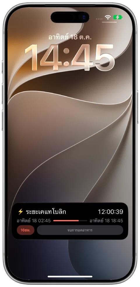 กิจกรรมสด Fasty บนหน้าจอล็อค iPhone พร้อมตัวจับเวลา ความคืบหน้าเป้าหมาย และปุ่มจบการอดอาหาร